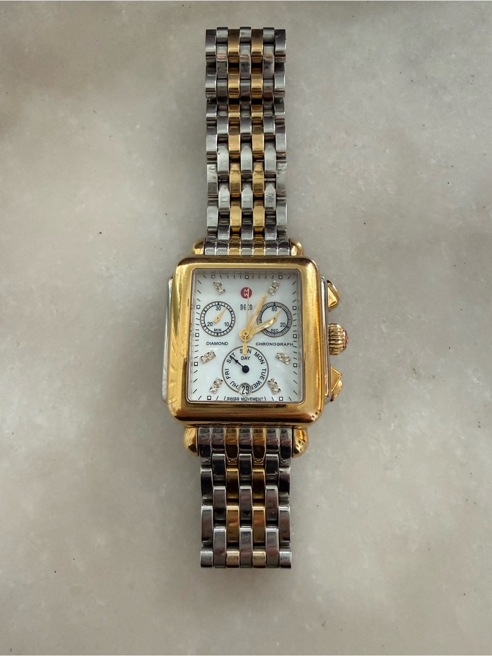 Michele Two-Tone Gold and Silver Square Chronograph Watch with Diamond Markers